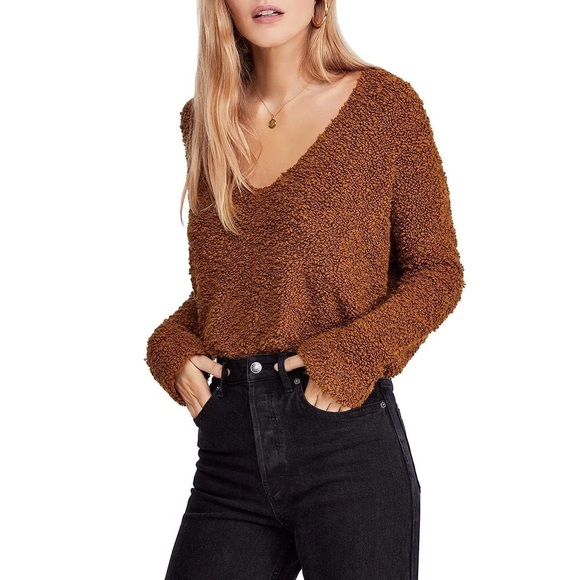 Free People Brown Fuzzy Cropped V Neck Pullover Sweater - Like New! - Picture 1 of 5